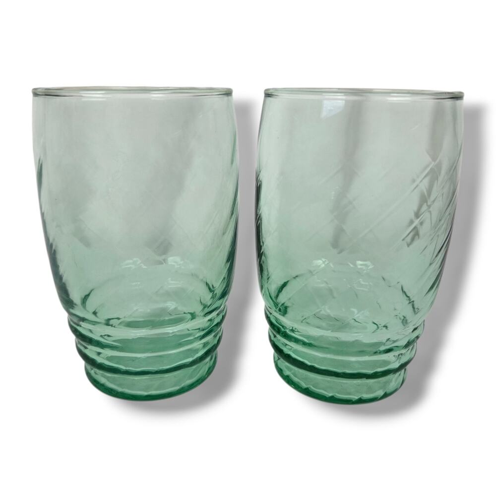 Vintage Libbey Optic Swirl Juice Glasses Set of 2 Green Glass Water Pair